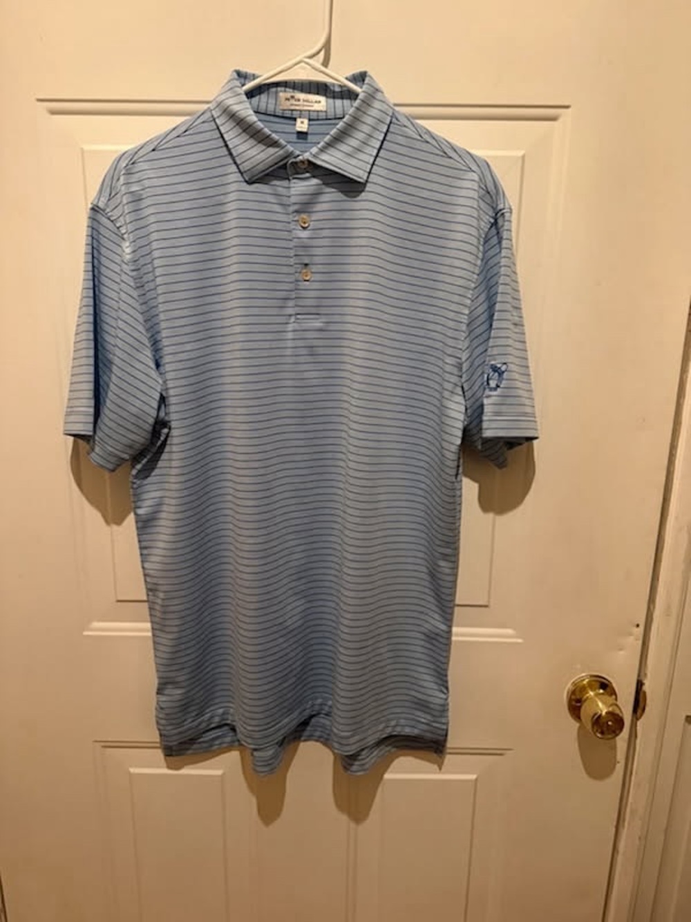 Peter Millar Light Blue Polo with Thin Navy Stripes